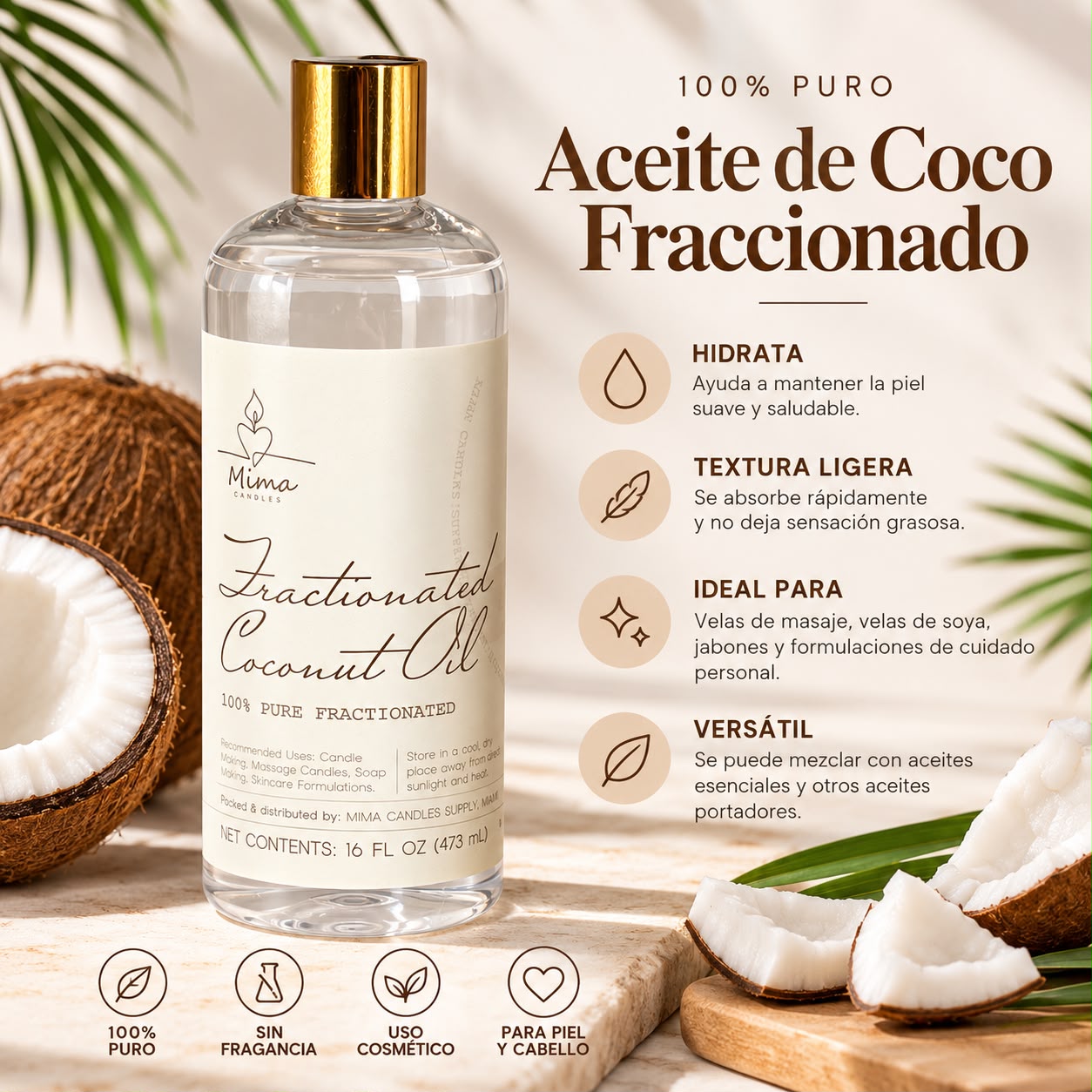 Aceite de coco fraccionado 100% puro Mima Candles 16 oz (473 ml)